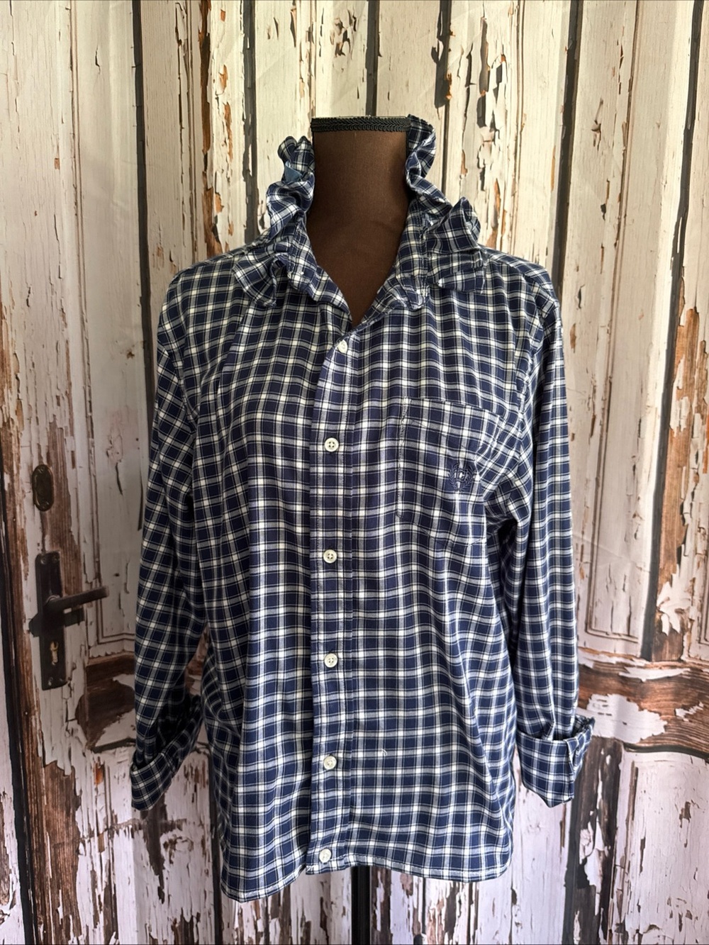 Reworked upcycled ruffle chaps large multi color plaid shirt see details